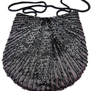 Vintage Black Beaded retro beaded black leaf zip closure evening clutch bag